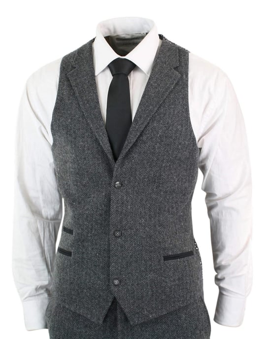 Traje de tweed de espiga gris carbón de tres piezas para hombre - Image 4