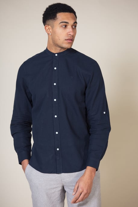Navy Linen Blend Long Sleeve Button-Up Shirt With Grandad Collar