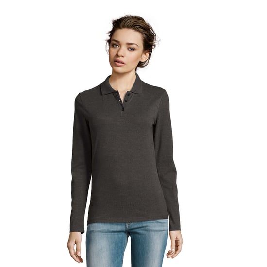 SOLS Womens/Ladies Perfect Pique Long-Sleeved Polo Shirt (Charcoal Melange) - Image 1