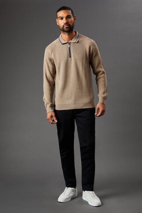 Fine Gauge Long Sleeve Zip Neck Knitted Polo
