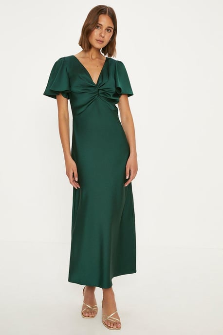 Satin Twist Front Angel Sleeve Midi Bridesmaids Dress - Image 1