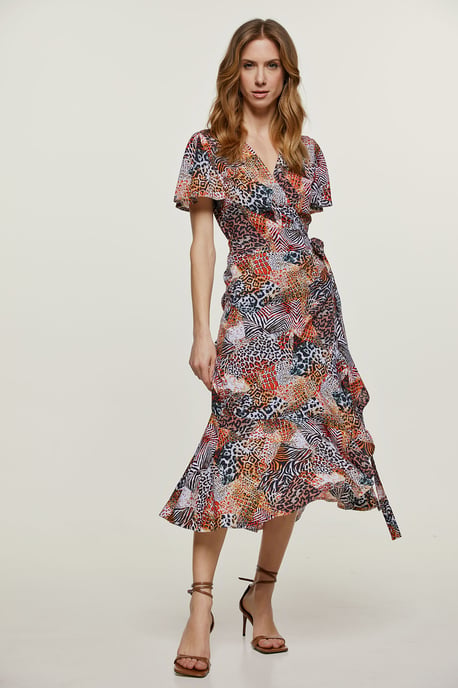 Orange Animal Print Ruffle Detail Wrap Dress