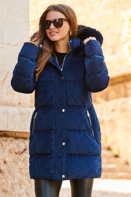 Navy Blue Luxe Velvet Padded Coat