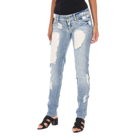 Long ripped effect denim pants with chiffon D012929-D024 woman