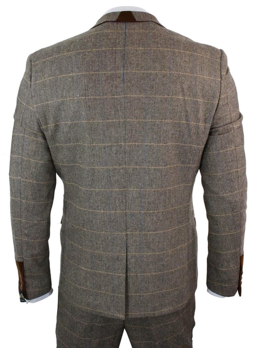 Traje de tweed a cuadros de espiga en color tostado de tres piezas para hombre - Image 6