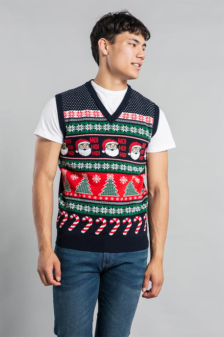 Dark Navy Christmas V Neck Jacquard Knitted Vest