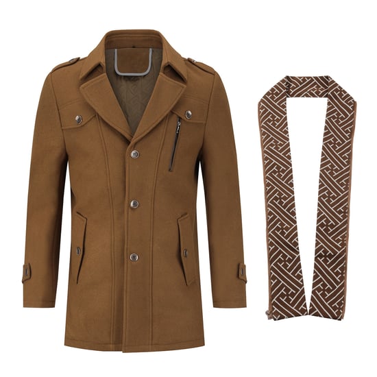 Men's Winter Thickened Solid Color Lapel Casual Wool Coat with Striped Collar Camel