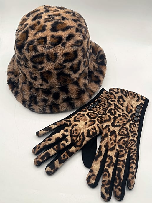 Leopard Plush Print Bucket Hat & Gloves Set