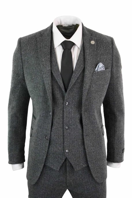 Traje de tweed de espiga gris carbón de tres piezas para hombre - Image 1