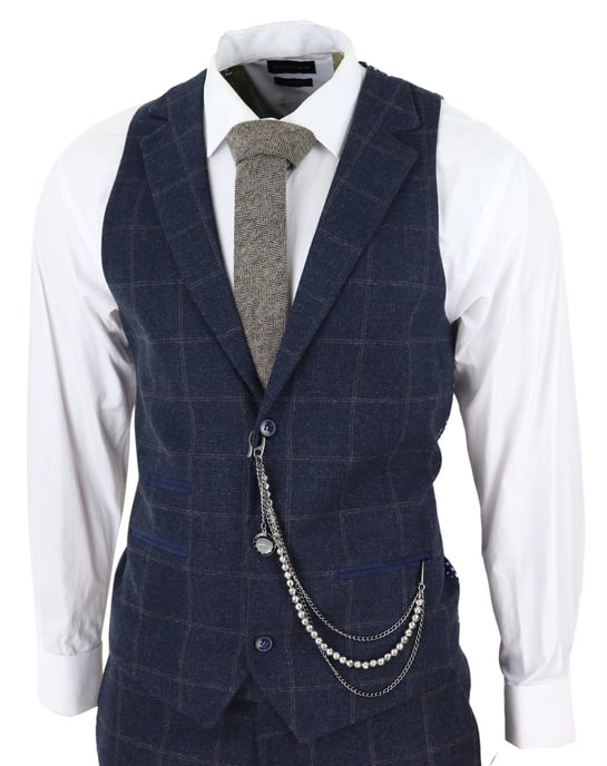 Traje de lana de 3 piezas para hombre, de tweed azul marino a cuadros, Peaky Blinders, estilo Gatsby de los años 20 - Image 5