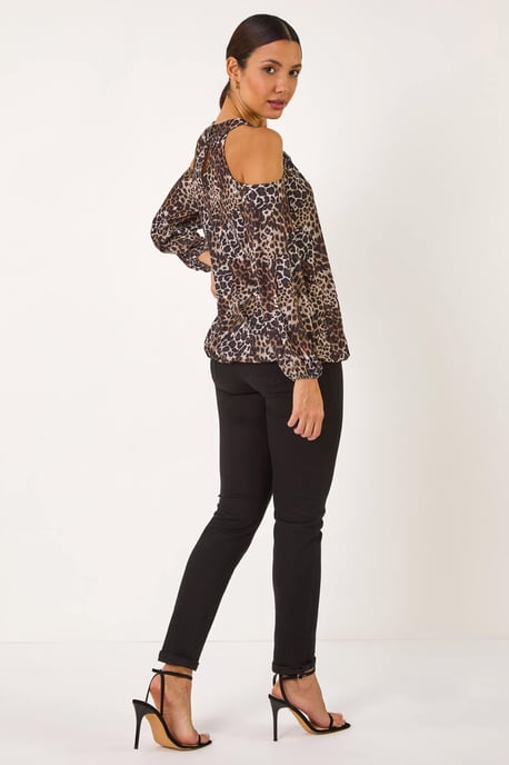 Animal Print Cold Shoulder Stretch Top