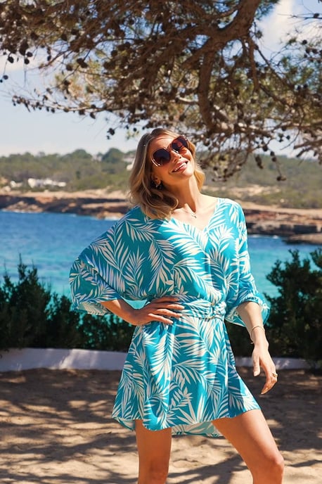 Sky Blue & White Palm Print Tie Waist Beach Dress