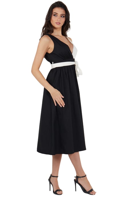 Vestido midi negro con cintura anudada de popelina blanca en contraste - Image 2