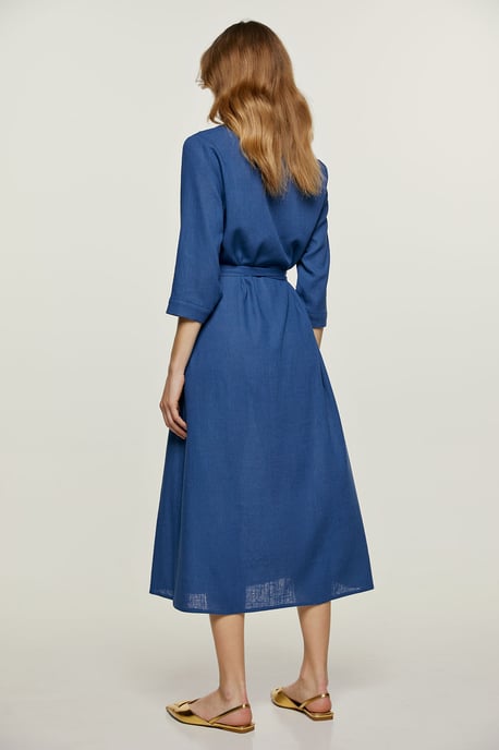 Vestido midi estilo lino azul con cinturón - Image 3