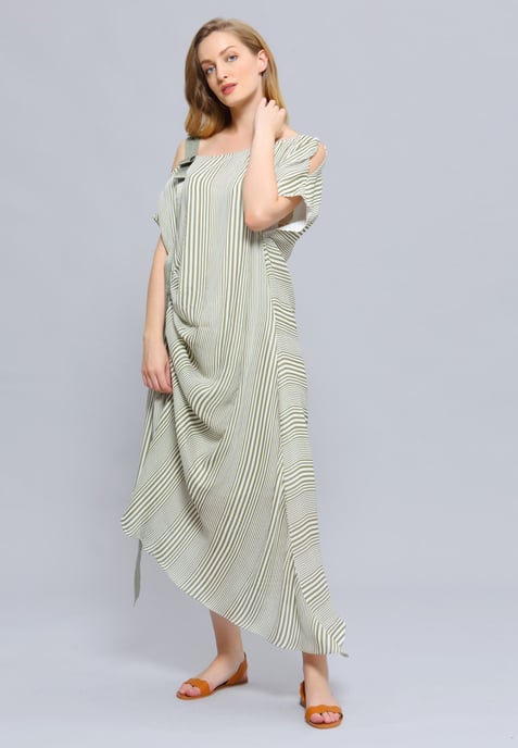 Asymmetric Draped Stripe Print Midi Dress