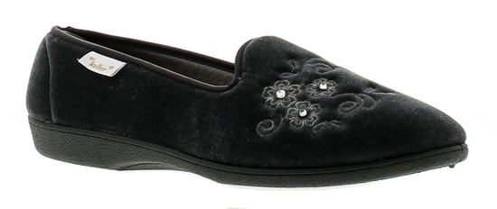 Womens Velour Upper Full Slipper With Soft Satin Lining Emroidered Flower Detail To The Vamp Textile