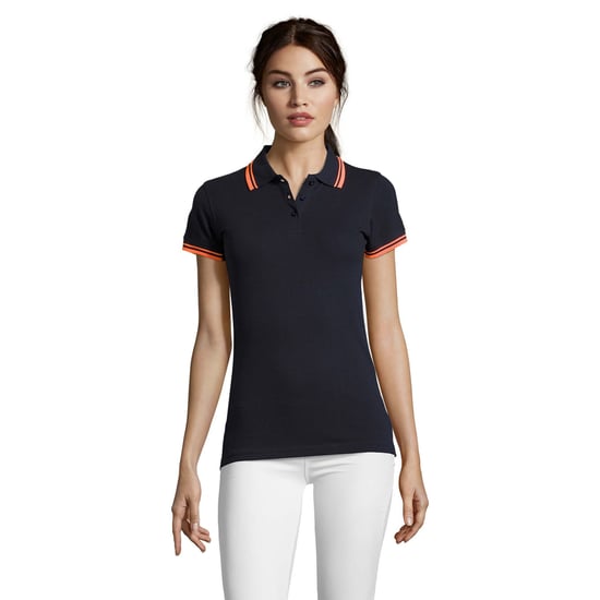 SOLS Womens/Ladies Pasadena Tipped Short Sleeve Pique Polo Shirt (French Navy/Neon Orange) - Image 4