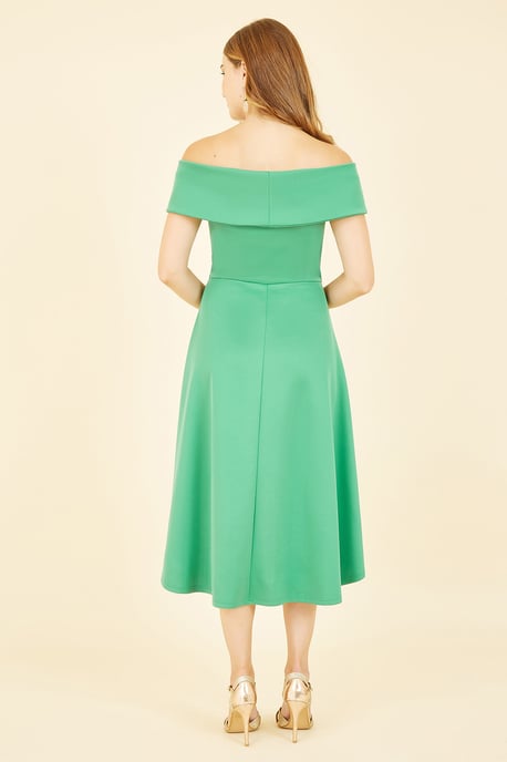 Mela Bright Green Bardot Dipped Hem Dress