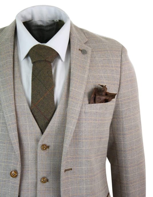Traje retro vintage de tweed beige a cuadros para hombre de 3 piezas - Image 6