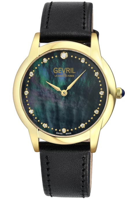 Reloj Gevril Airolo Swiss Diamond para mujer, esfera negra MOP, caja IPYG de acero inoxidable 316L, correa de piel de cocodrilo italiana auténtica - Image 1