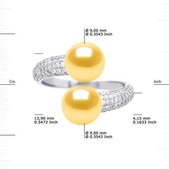 Ring YOU AND ME 2 Water Beads 9-10mm Sweet Yellow Golden Jewelry 925