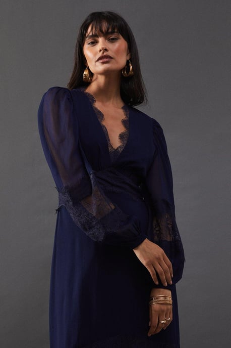 Chiffon Lace Insert Plunge Neck Maxi Dress