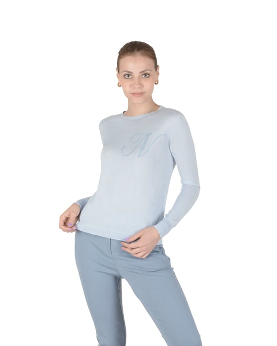 Crown Of Edinburgh Cashmere Long Sleeve Art 004 Light Blue Letter N