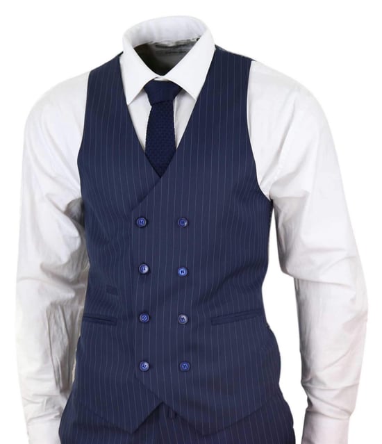 Traje retro de tres piezas de raya diplomática azul marino para hombre - Image 4