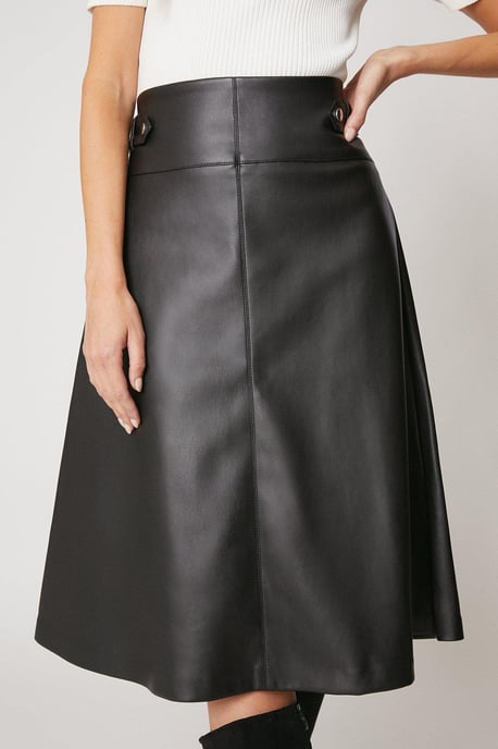 Black Tab Detail Faux Leather A Line Skirt - Image 2