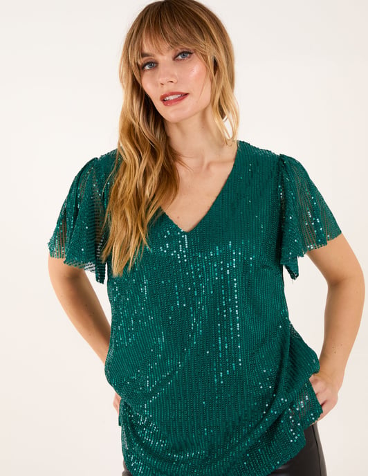 Angel Sleeve V Neck Sequin Top