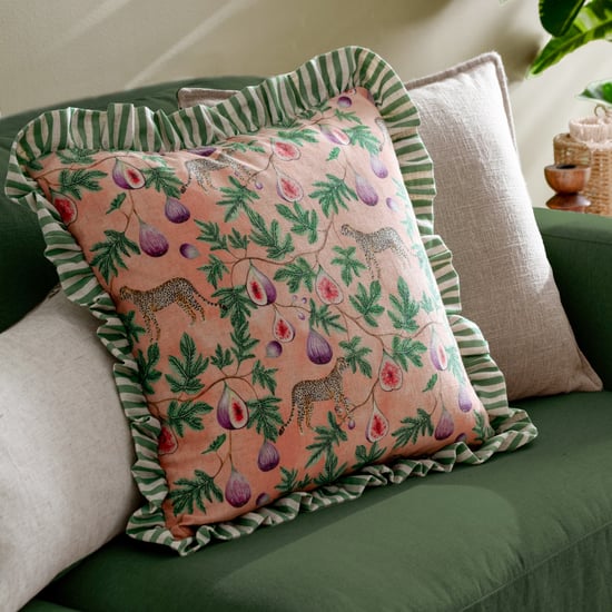 Wylder Tropics Okara Leopard And Fig Printed Ruffle Feather Rich Cushion