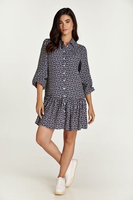 Vestido estampado con botones en azul marino y blanco - Image 1