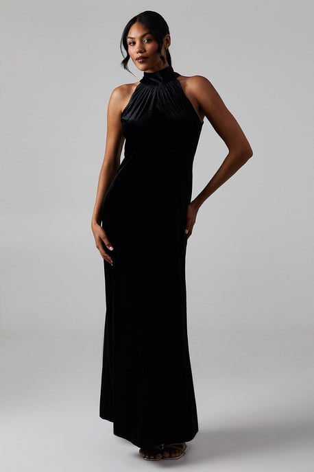 Velvet Halter Bias Cut Maxi Bridesmaids Dress - Image 1