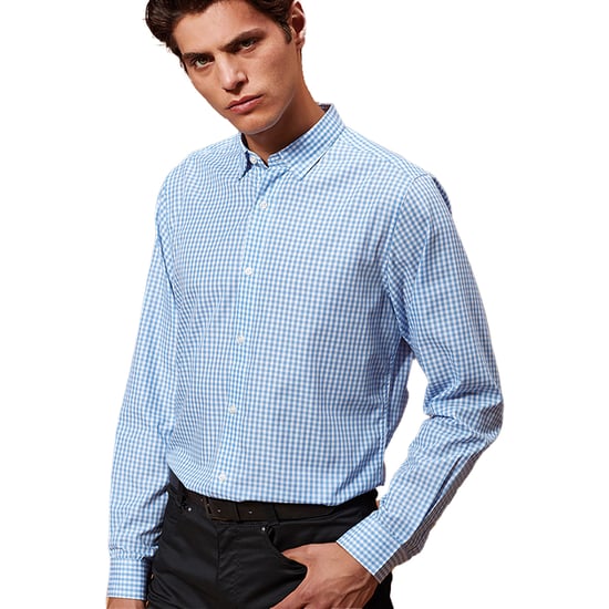 Premier Mens Maxton Check Long Sleeve Shirt (Light Blue/White) - Image 2