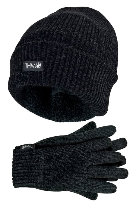 Juego de gorro y guantes de Thinsulate para mujer | THMO | Gorro y guantes de chenilla acanalada para mujer - Negro - Image 1