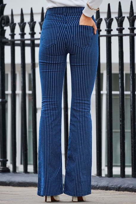 Navy Blue & White Pinstripe Kick Flare Jeans