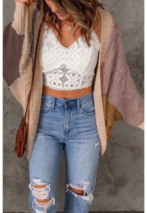 Cardigan Abierto De Punto Suelto Para Mujeres en Marrón - Image 1