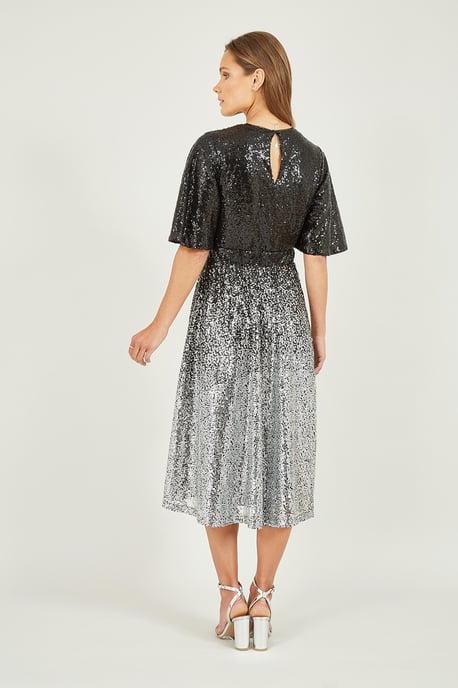 Black And Silver Ombre Sequin Midi Wrap Dress