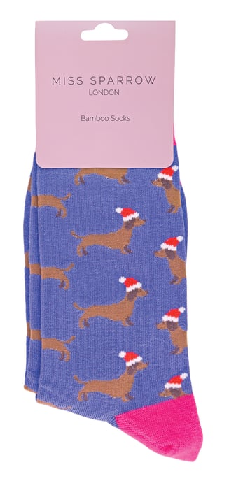 Miss Sparrow - Ladies Christmas Socks | Sausage Dog Socks - Santa Dog (Denim) - Image 2