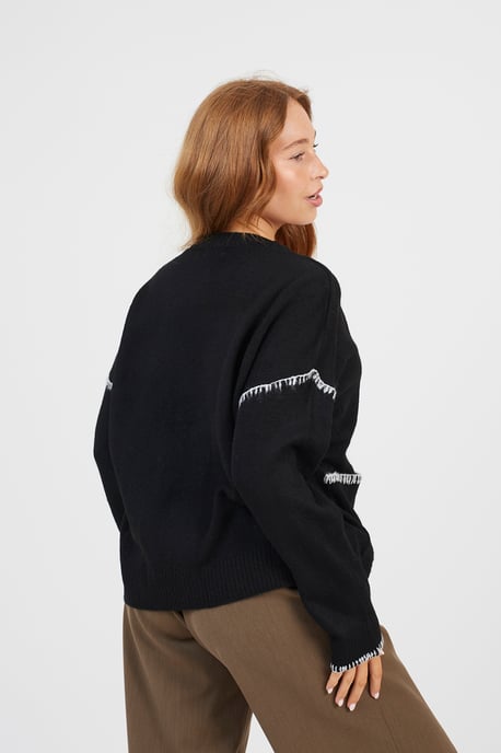 Black Contrast Stitch Button Through V-Neck Cardigan