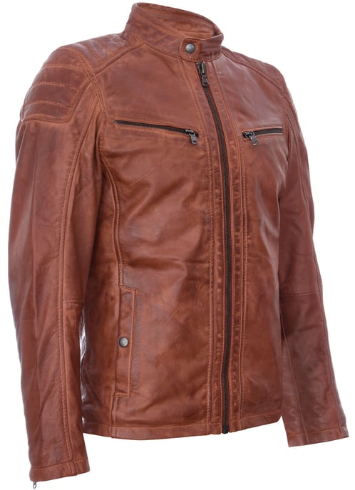 Vintage quilted navy blue leather racing bike jacket with zipper