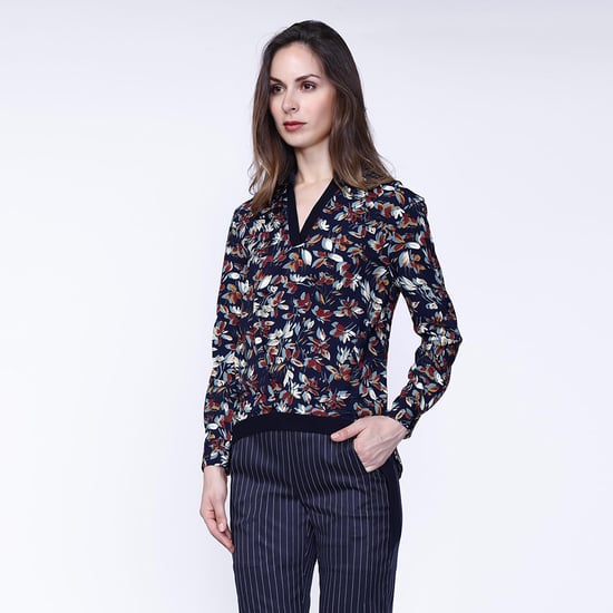 Satin col-v blouse and leaves print - Image 1