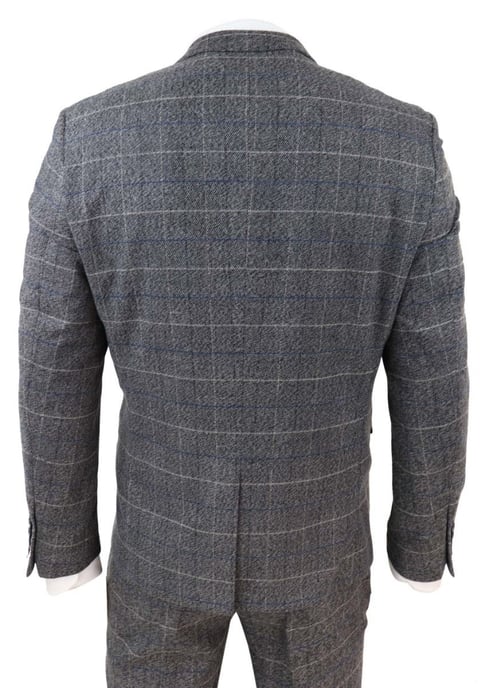 Traje clásico vintage de 3 piezas para hombre, gris y con cuadros azules - Image 6