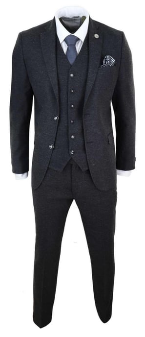 Traje retro vintage de tweed de lana negro de 3 piezas para hombre - Image 2