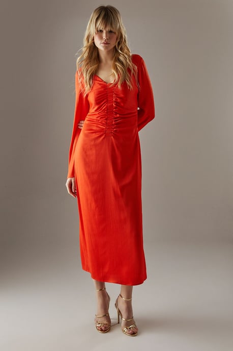 Crinkle Satin Ruched Front Column Midi Dress