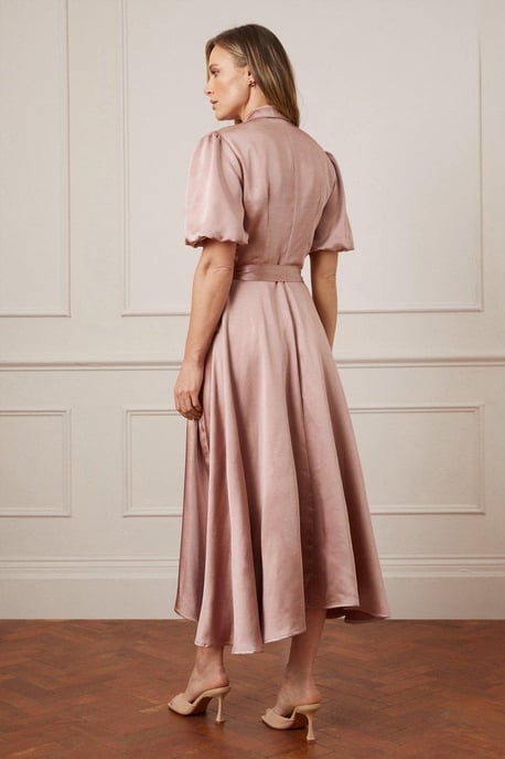 Satin Balloon Sleeve Wrap Midi Dress
