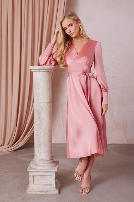 Pink Satin Long Sleeve Wrap Midi Dress