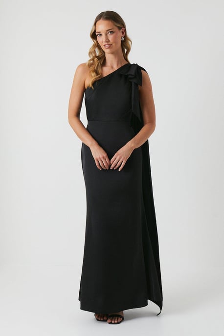 Bow And Drape Detail One Shoulder Satin Bridesmaids Dress - Image 1