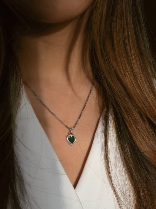 Green Diamante Heart Necklace and Earrings Set in Silver