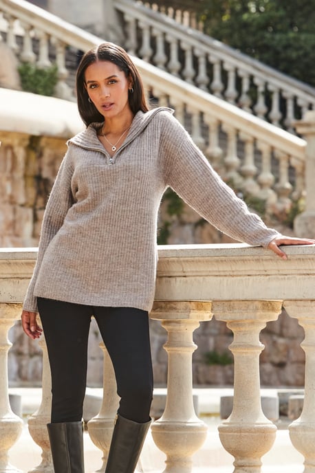 Natural Rib Knit Half Zip Longline Jumper